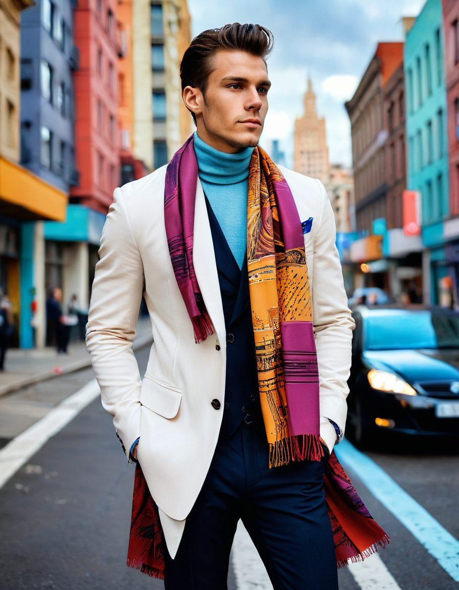 A stylishly dressed man in an urban setting, showcasing a blend of romantic and modern fashion elements, surrounded by cityscape with soft pastel colors. Incorporate details like an elegant scarf and tailored jacket, paired with trendy footwear, evoking a sense of sophistication and charm. Highlight vibrant street art in the background to emphasize urban culture. super-realistic. vibrant colors. urban landscape.