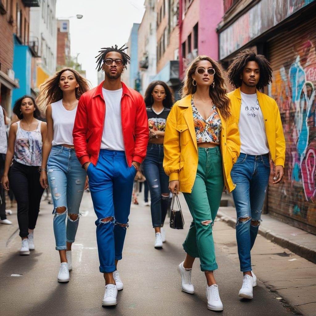 A stylish cityscape featuring a diverse group of fashionable individuals sporting the latest trending garments, confidently strutting down a busy urban street with high-end boutiques in the background. The scene captures vibrant city life, with colorful graffiti and street art adding flair. Incorporate dynamic poses and expressions showcasing confidence and individuality. super-realistic. vibrant colors. urban aesthetic.
