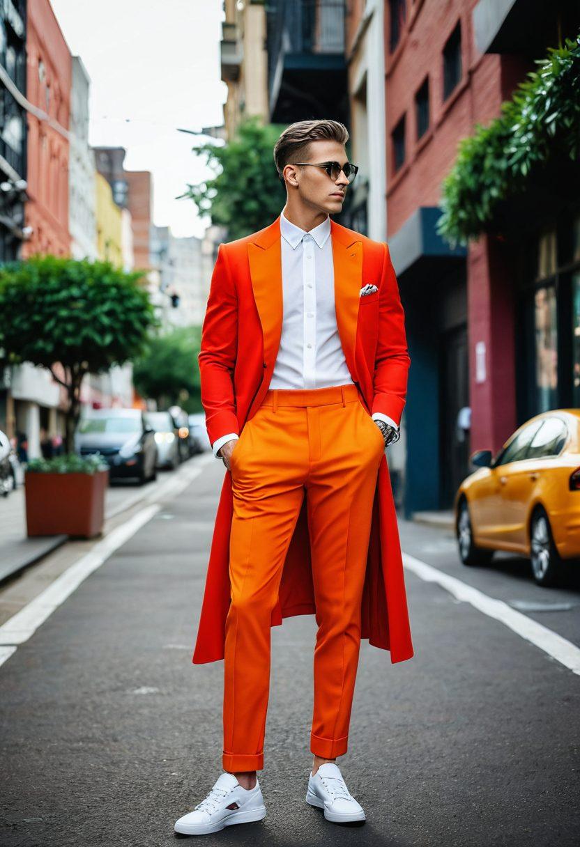 A stylish modern man wearing chic casual clothing, standing in an urban setting that blends contemporary architecture with greenery. The focus is on his confident pose and the trendy outfit, showcasing textures and colors that pop, symbolizing the fusion of fashion and affection. Add subtle heart motifs in the background to represent affection in fashion. super-realistic. vibrant colors. urban setting.